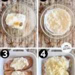 how to make cream cheese chicken bake 1)add cream cheese sauce ingredients to a bowl, 2)mix until smooth, 3)add chicken to a baking dish and top with cream cheese mixture, 4)top with cheese, bake, and serve.