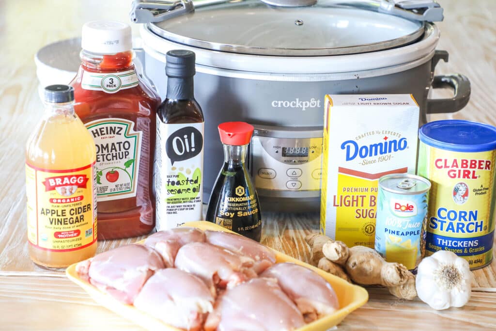 Close up of the ingredients needed to make crockpot huli huli chicken.