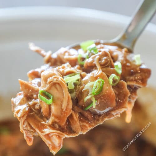 Close up of a serving spoon with crockpot huli huli chicken on it.