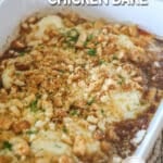 white pan of french onion chicken bake