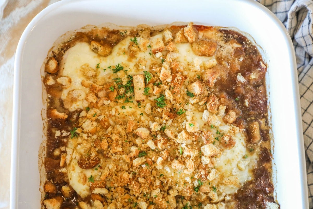 white pan of french onion chicken bake