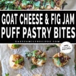 Two photos of Goat Cheese and Fig Jam Puff Pastry Bites. Top image is of bites with balsamic glaze drizzled over. Bottom image is of coked bites.