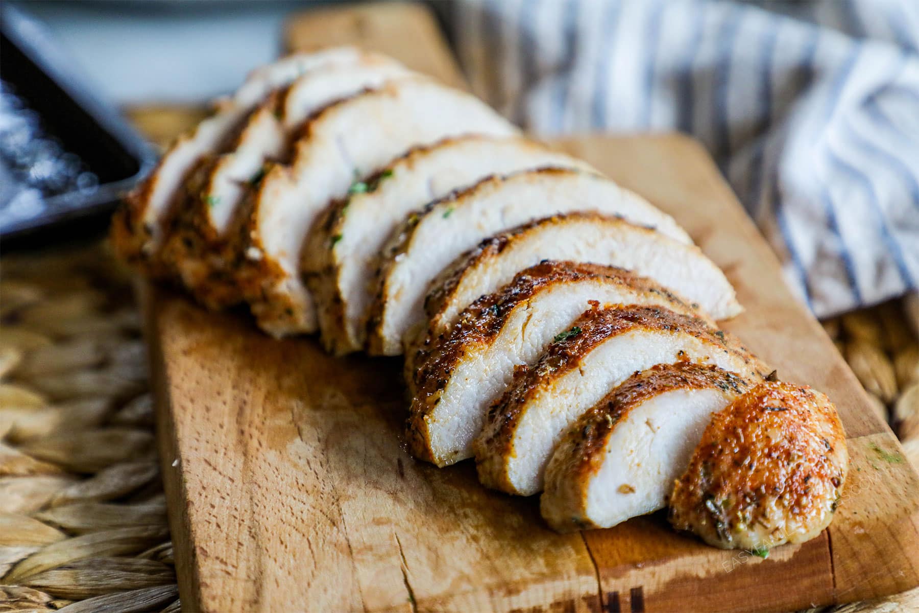 Baked Turkey Tenderloin sliced and ready to serve.