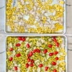 Step by step photos of how to make sheet pan caprese chicken and tortellini.