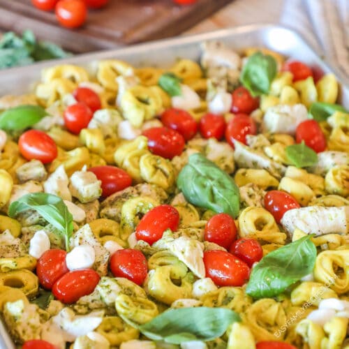 Side view of sheet pan caprese chicken and tortellini on the baking dish.