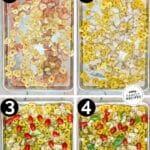 Labeled step by step photos of making sheet pan caprese chicken and tortellini.