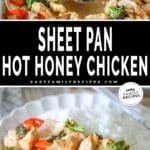 Two photos of sheet pan hot honey chicken, one of it on the sheet pan and one of it on a plate with rice.