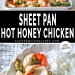 Two photos of sheet pan hot honey chicken, one of it on a sheet pan and another served on a plate.