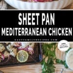 Two photos of Mediterranean chicken, one of it from the side with rice and another of it overhead.