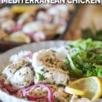 Shallow bowl served with rice, Mediterranean chicken and salad.