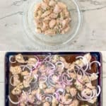 Step by step photos of how to make sheet pan Mediterranean chicken.