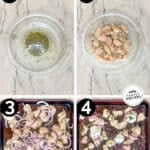 Numbered step by step photos of sheet pan Mediterranean chicken.