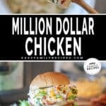 Two photos of Crockpot Million Dollar Chicken. Top image is of ingredients all mixed together. Bottom image is of chicken stuffed into 3 sliders- all piled together onto a white plate