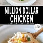 Two photos of Crockpot Million Dollar Chicken. Top image is of ingredients placed into crockpot. Bottom image is of ingredients all mixed together