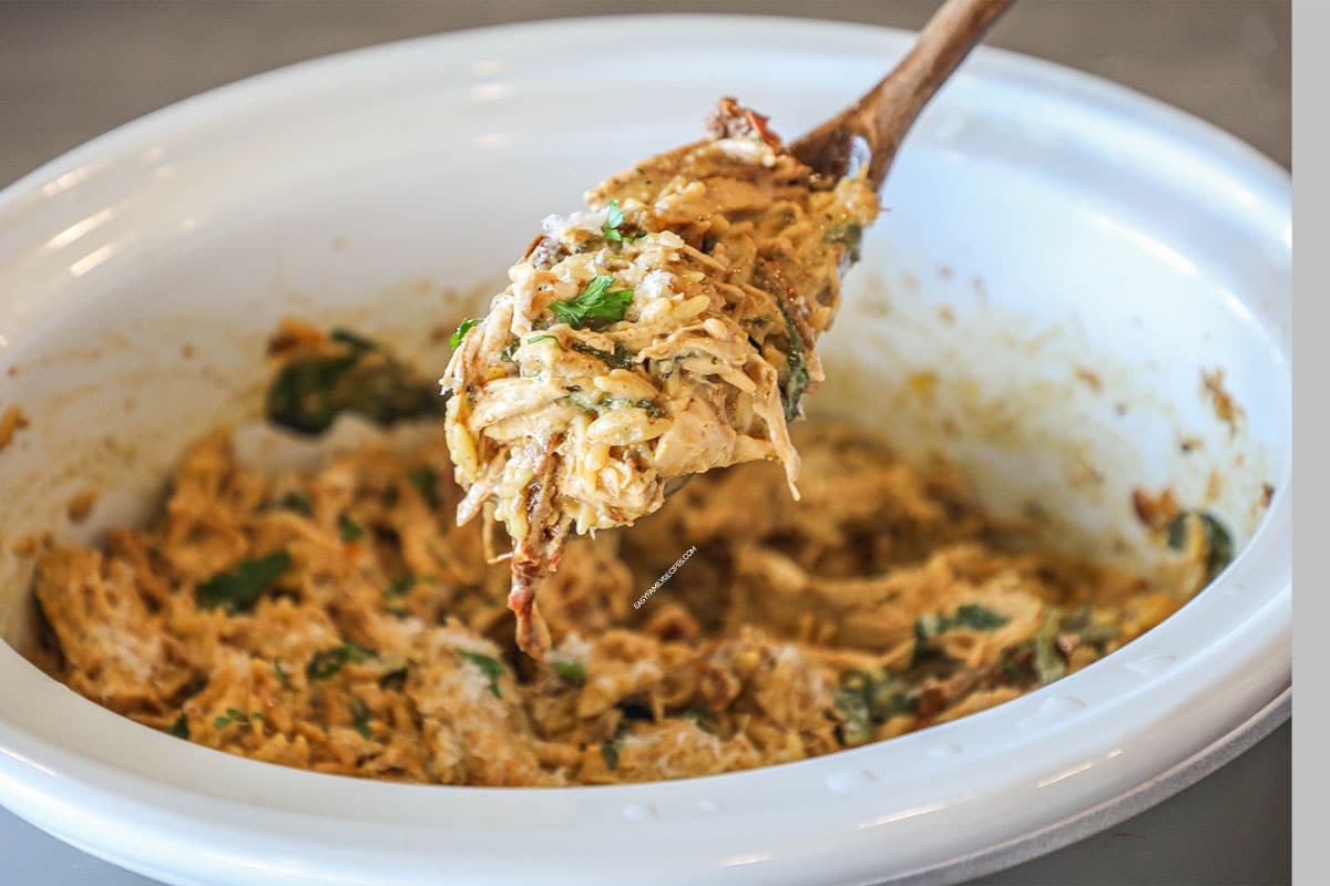 Wooden spoon with Tuscan chicken and orzo scooped from the crockpot.