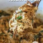 Wooden spoon of Tuscan chicken and orzo hovering over the crockpot.