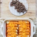How to make beef enchiladas: 1) brown the beef and onion, 2) fill the tortillas, 3) assemble, 4) bake