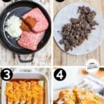How to make beef enchiladas: 1) brown the beef and onion, 2) fill the tortillas, 3) assemble, 4) bake