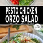 Two photos of Pesto chicken salad with orzo. Top image is of a glass bowl with ingredients, separated. Bottom image is of completed salad in a white bowl with a fork.