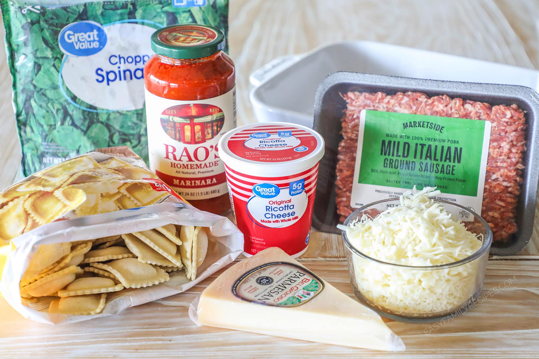 Ingredients needed to make easy ravioli lasagna.