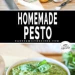 two pictures for homemade pesto, one with ingredients needed and the other with finished pesto in a bowl.