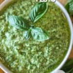 a bowl of pesto garnished with basil from above.