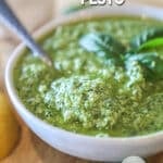 a bowl of easy homemade pesto sauce.