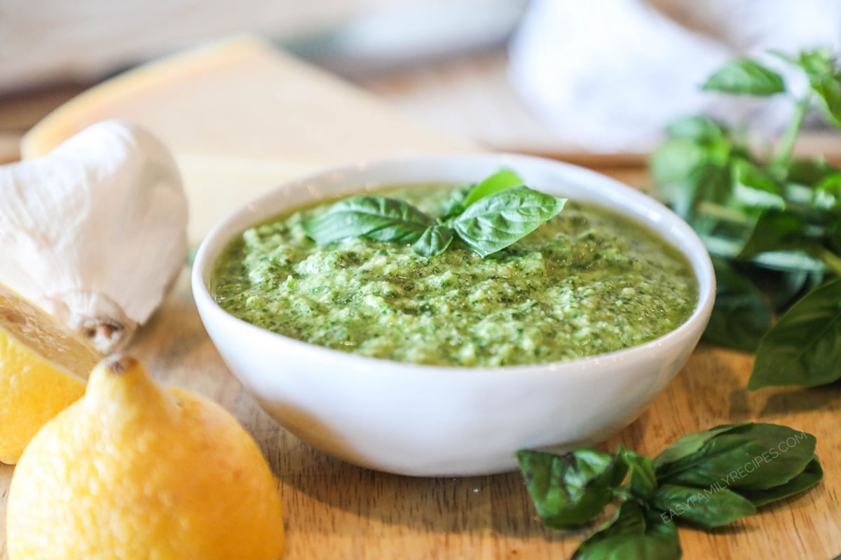 a bowl of the best homemade pesto with basil.