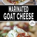 two images for goat cheese log appetizer, one with goat cheese on a serving plate and the other with goat cheese on a cracker, held.