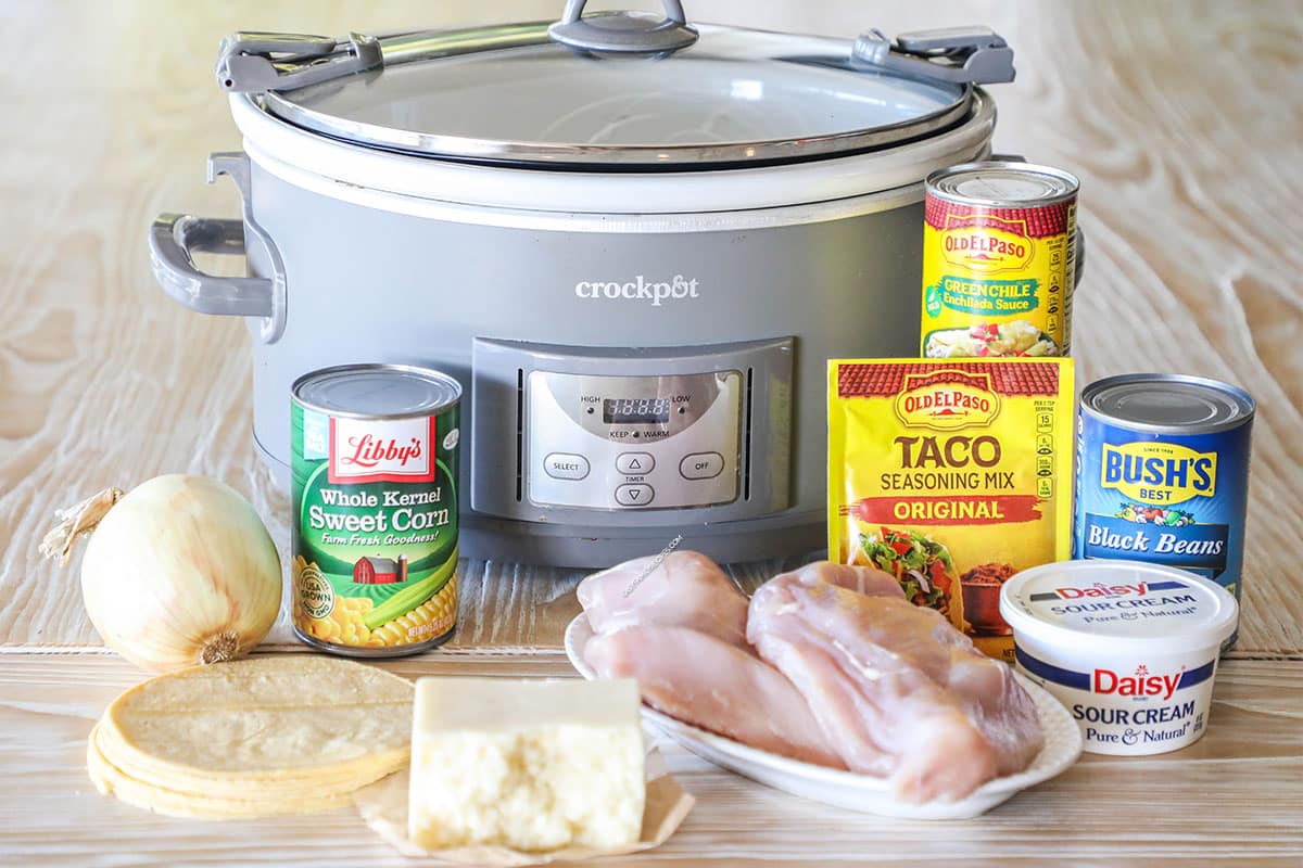 Ingredients needed to make crockpot chicken enchilada.