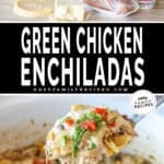 Two photos of green chicken enchiladas. One of the ingredients needed and another of it in the crockpot.