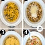 Labeled step by step photos of making crockpot chicken enchiladas.