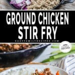 Ground Chicken Stir Fry on plate served with rice.
