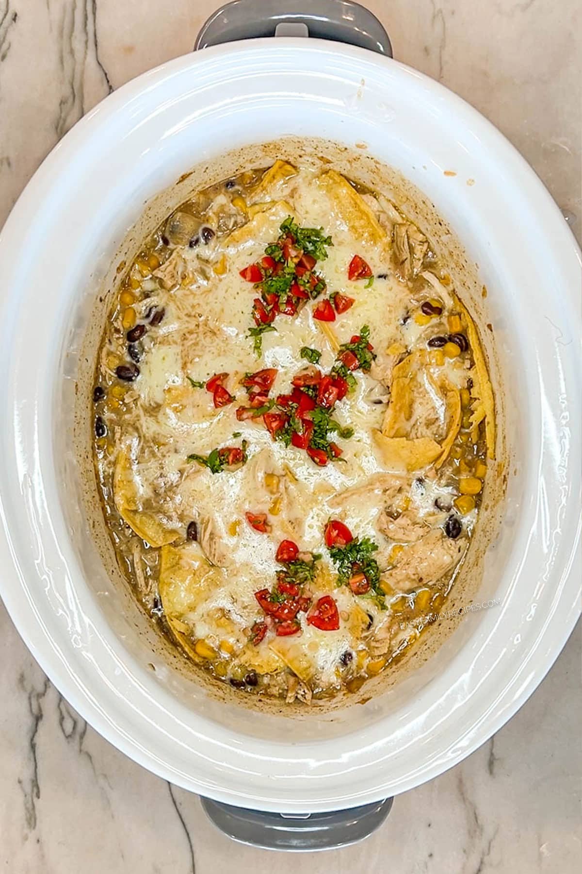 Finished crockpot green chicken enchiladas garnished with tomatoes and cilantro.
