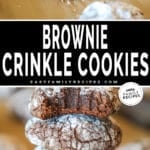 Two photos of Brownie Crinkle Cookies. Top image is of baked cookies on parchment paper lined sheet pan. Bottom image is of cookies stacked. Top cookie has bite taken out.
