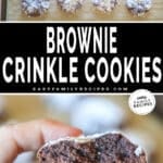Two photos of Brownie Crinkle Cookies. Top image is of baked cookies on parchment paper lined sheet pan. Bottom image is of hand holding a cookie, broken in half- showing the soft, fudgy center
