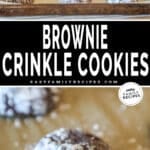 Two photos of Brownie Crinkle Cookies. Top image is of baked cookies on parchment paper lined sheet pan. Bottom image is a close up of a cookie with bite out of it- on parchment paper