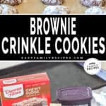 Two photos of Brownie Crinkle Cookies. Top image is of baked cookies on parchment paper lined sheet pan. Bottom image is of ingredients needed to make cookies- on a wooden background