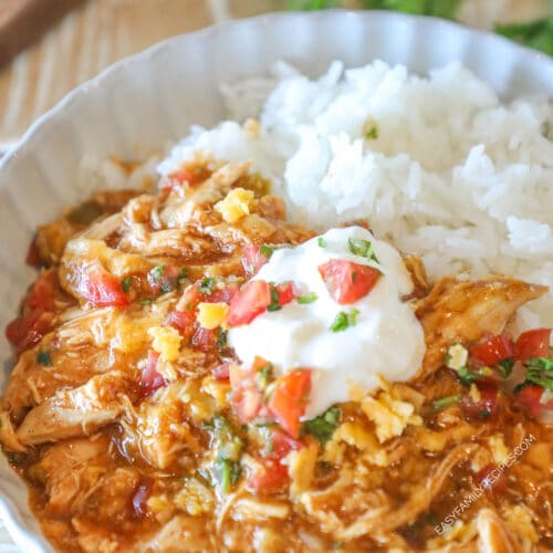Crockpot Enchilada Chicken Casserole with a side of rice on a white dish.