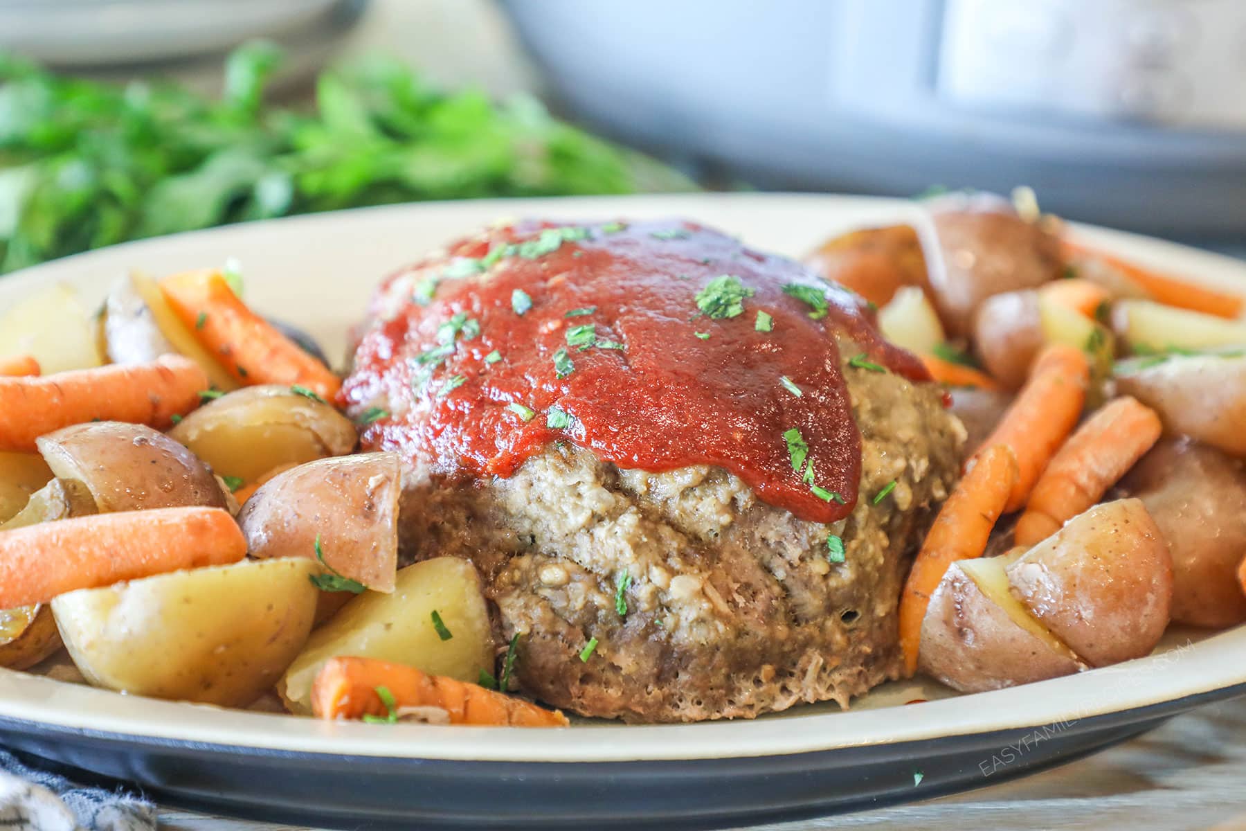 Crockpot meatloaf plated on a white platter alongside baby carrots and new potatoes. On a wooden table with a grey crockpot in the background.