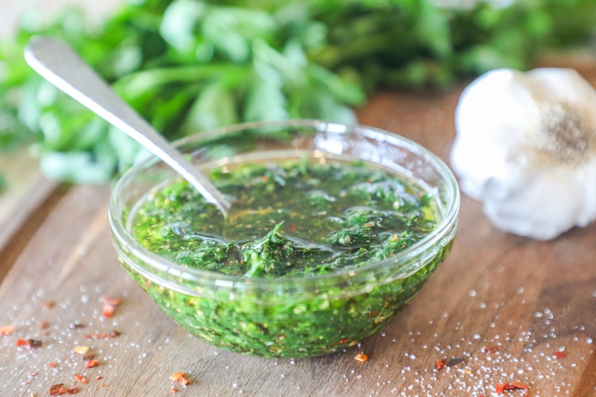 a small mixing bowl filled with easy chimichurri.