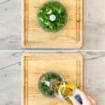 how to make homemade chimichurri, 1)chop parsley, 2)add parsley and garlic to a food processor, 3)combine parsley and garlic with spices, oil, and red wine vinegar, 4) serve and enjoy.