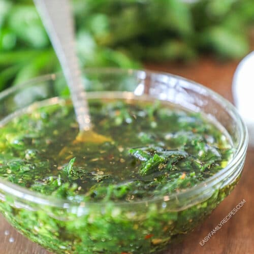 side view of a bowl of the best chimichurri recipe.