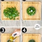 how to make homemade chimichurri, 1)chop parsley, 2)add parsley and garlic to a food processor, 3)combine parsley and garlic with spices, oil, and red wine vinegar, 4) serve and enjoy.