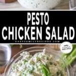 Two photos for Pesto Chicken Salad. Top image is of a glass bowl filled with pesto chicken salad and fresh basil leaves on top. Bottom image is a top down view of the same glass bowl of chicken salad
