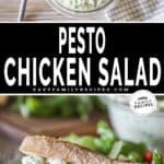 Two photos for Pesto Chicken Salad. Top image is of a glass bowl filled with pesto chicken salad and fresh basil leaves on top. Bottom image is a baguette stuffed with a spoonful of pesto chicken salad.
