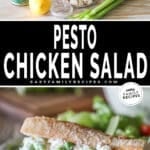 Two photos for Pesto Chicken Salad. Top image is ingredients needed to make the salad. Bottom image is a baguette stuffed in a scoop of pesto chicken salad