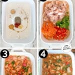 Labeled step by step photos of how to make baked chicken curry.