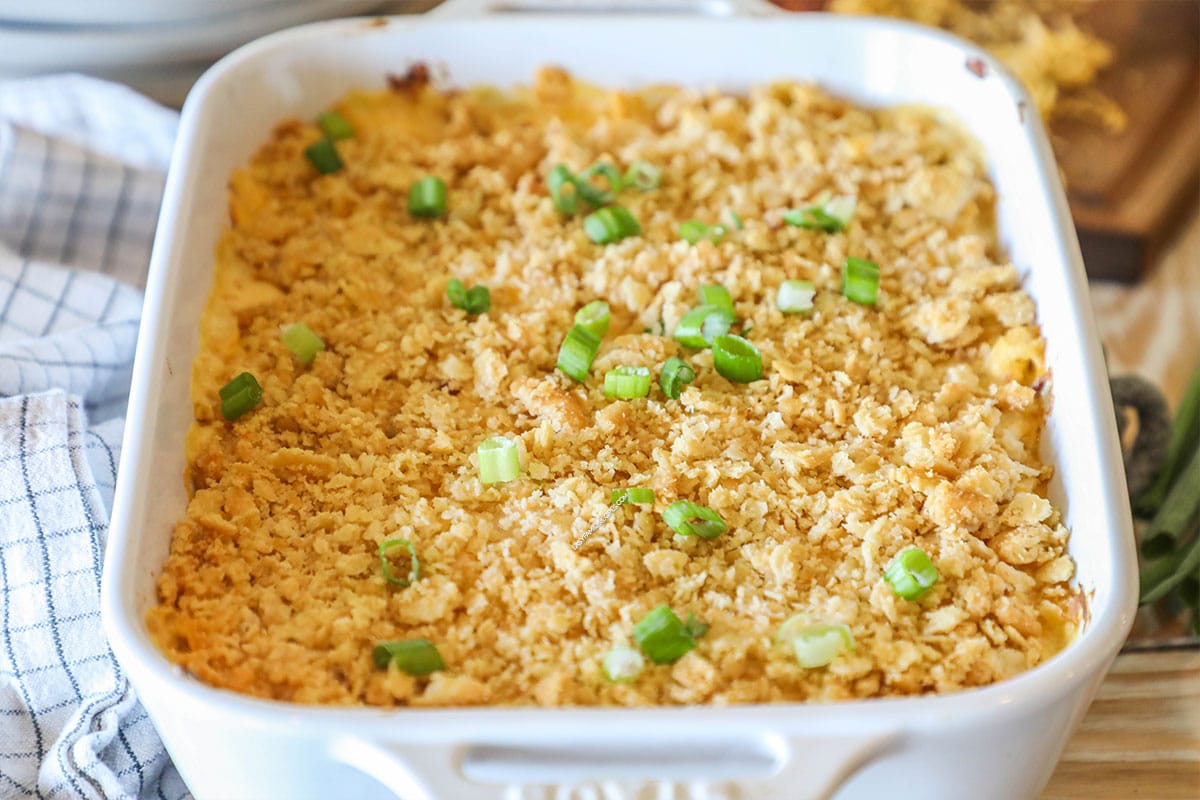 Neiman Marcus Chicken Casserole in white baking dish