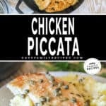 Two photos of chicken piccata. One of it in a skillet and another of it served on a plate.